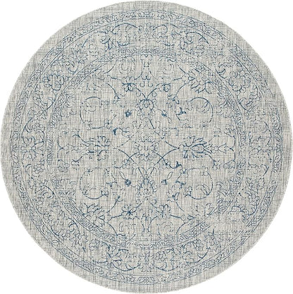 SAFAVIEH Washable Rug Outdoor Courtyard Collection - 7'10" Round, Grey & Navy, Non-Shedding & Easy Cleaning, Ideal for Patio, Backyard, Mudroom (CY8680-36812)