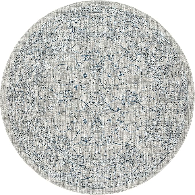 SAFAVIEH Washable Rug Outdoor Courtyard Collection - 6'7" Round, Grey & Navy, Non-Shedding & Easy Cleaning, Ideal for Patio, Backyard, Mudroom (CY8680-36812)