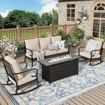 Patio Furniture Set with Firepit Table, Black Frame Outdoor Conversation Set with 2 x Rocking Chairs, 1 x 3-Seat Sofa for Lawn Garden Backyard, Beige