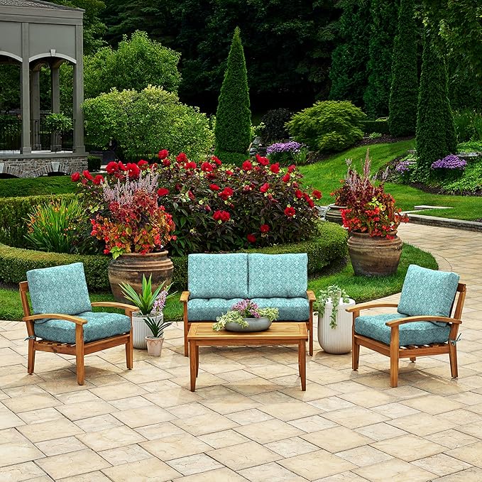 Arden Outdoor Plush Modern Tufted Blowfill Deep Seat Set, 24 x 24, Rain-Proof, Fade Resistant, Deep Seat Bottom and Back Cushion, Turquoise Daphne Medallion