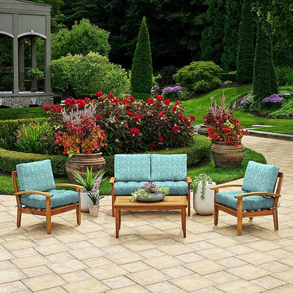 Arden Outdoor Plush Modern Tufted Blowfill Deep Seat Set, 24 x 24, Rain-Proof, Fade Resistant, Deep Seat Bottom and Back Cushion, Turquoise Daphne Medallion