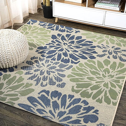 JONATHAN Y Floral Textured Weave Indoor Outdoor Square Area Rug 5X5 Navy/Green, Zinnia Modern for Backyard, Patio, Porch, Easy-Cleaning, High Traffic, Pet-Friendly, Non-Shedding (SMB110B-5SQ)