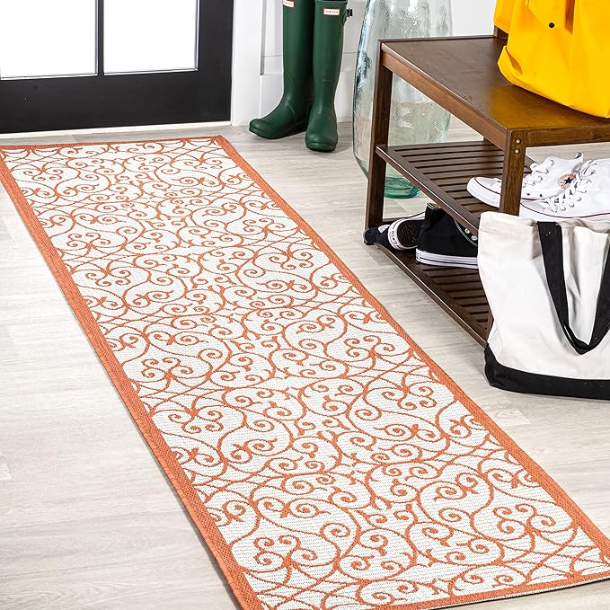 JONATHAN Y Vintage Filigree Indoor Outdoor Runner Rug 2X8 Cream/Orange, Madrid Textured Weave for Backyard, Patio, Porch, Easy-Cleaning, High Traffic, Pet-Friendly, Non-Shedding (SMB107L-28)
