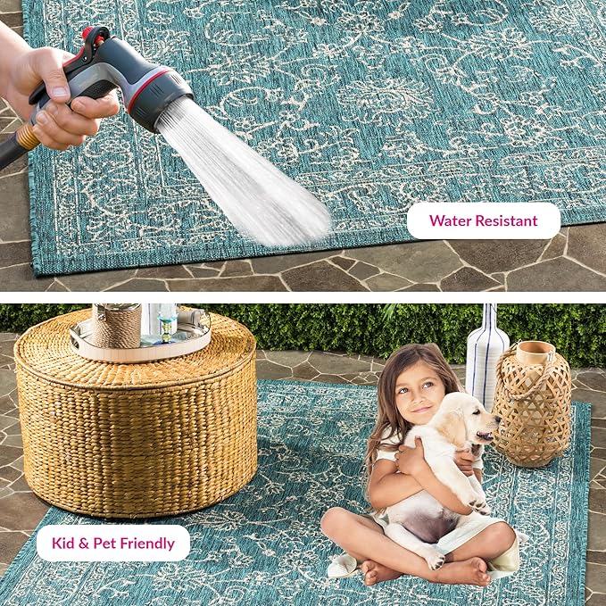 SAFAVIEH Washable Rug Outdoor Courtyard Collection - 5'3" x 7'7", Turquoise, Non-Shedding & Easy Cleaning, Ideal for Patio, Backyard, Mudroom (CY8680-37221)