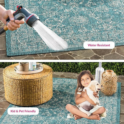 SAFAVIEH Washable Rug Outdoor Courtyard Collection - 5'3" x 7'7", Turquoise, Non-Shedding & Easy Cleaning, Ideal for Patio, Backyard, Mudroom (CY8680-37221)