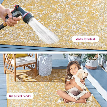 SAFAVIEH Washable Rug Outdoor Courtyard Collection - 5'3" x 7'7", Gold & Ivory, Non-Shedding & Easy Cleaning, Ideal for Patio, Backyard, Mudroom (CY8680-56021)