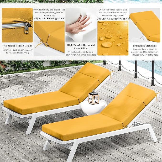 Chaise Lounge Cushion for Outdoor Furniture, Waterproof Fade and Tear Resistant Lounge Deck Chair Cushions for Patio Lawn Pool Resort Hotel