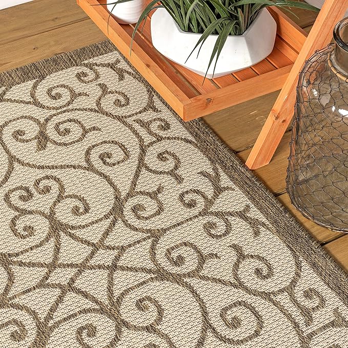 JONATHAN Y Vintage Filigree Indoor Outdoor Round Area Rug 5 Ft Beige/Brown, Madrid Textured Weave for Backyard, Patio, Porch, Easy-Cleaning, High Traffic, Pet-Friendly, Non-Shedding (SMB107B-5R)
