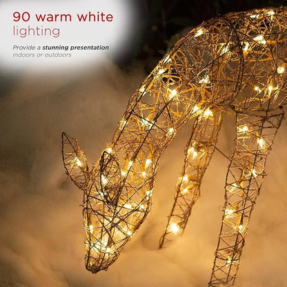 Alpine Corporation Grazing Rattan Reindeer Decoration with Warm White Lights, Christmas Decoration
