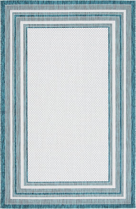 SAFAVIEH Washable Rug Outdoor Courtyard Collection - 5'3" x 7'7", Ivory & Teal, Non-Shedding & Easy Cleaning, Ideal for Patio, Backyard, Mudroom (CY8475-53512)