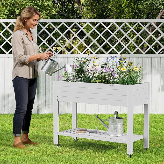 Raised Garden Bed with Wheels, Divisible Resin Planter Box with Drainage Gauge & Storage Shelf, Herb Planter for Garden Patio Backyard, White