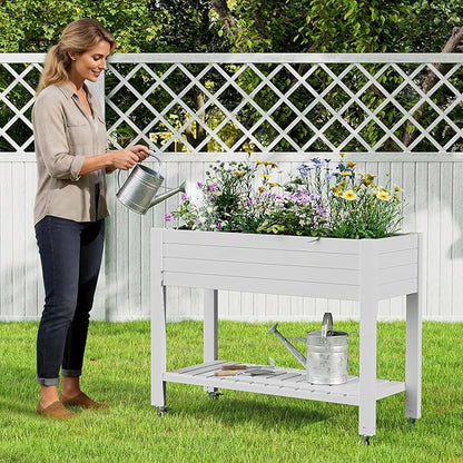 Raised Garden Bed with Wheels, Divisible Resin Planter Box with Drainage Gauge & Storage Shelf, Herb Planter for Garden Patio Backyard, White