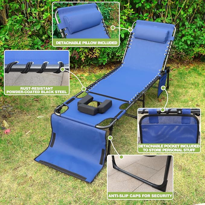 MUPATER Patio Chaise Lounge Chair with Face Hole for Outdoor, 4-Fold Ajustbale Backrest, Removable Pillow and Detachable Pocket, Portable Sun Lounger Recliner for Beach, Camping and Pool, Blue