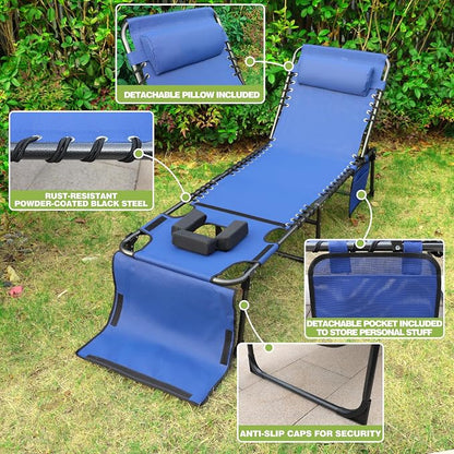 MUPATER Patio Chaise Lounge Chair with Face Hole for Outdoor, 4-Fold Ajustbale Backrest, Removable Pillow and Detachable Pocket, Portable Sun Lounger Recliner for Beach, Camping and Pool, Blue