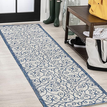 JONATHAN Y Vintage Filigree Indoor Outdoor Runner Rug 2X10 Blue/Cream, Madrid Textured Weave for Backyard, Patio, Porch, Easy-Cleaning, High Traffic, Pet-Friendly, Non-Shedding (SMB107F-210)