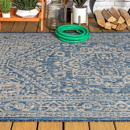 JONATHAN Y Medallion Weave Indoor Outdoor Area Rug 5X8 Navy/Gray, Sinjuri Textured for Backyard, Patio, Porch, Easy-Cleaning, High Traffic, Pet-Friendly, Non-Shedding (SMB101B-5)