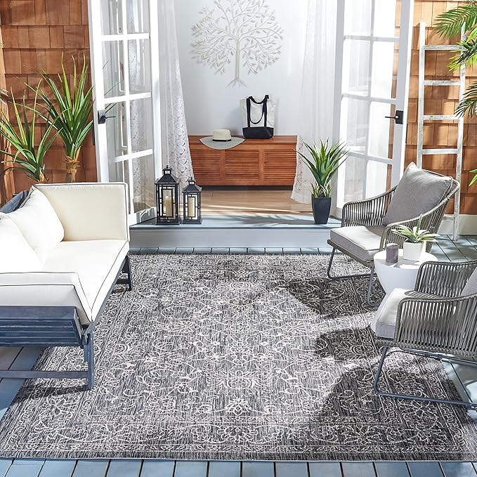 SAFAVIEH Washable Rug Outdoor Courtyard Collection - 7'10" Square, Black & Ivory, Non-Shedding & Easy Cleaning, Ideal for Patio, Backyard, Mudroom (CY8680-36621)