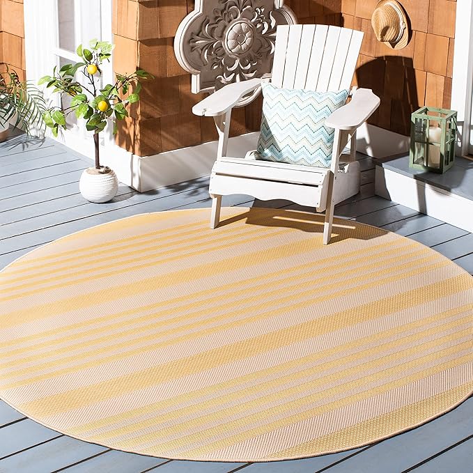 SAFAVIEH Courtyard Collection 6'7" Round Gold/Beige CY6062 Stripe Indoor/ Outside Waterproof Easy cleansingPatio Backyard Mudroom Area Mat