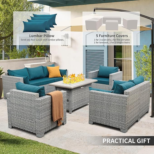 WAROOM Patio Furniture Set 5 Piece Grey Wicker Outdoor Furniture with Fire Pit Table, Patio Sectional Sofa Couch Sets Backyard Deep Seating PE Rattan Chairs, Peacock Blue Cushion