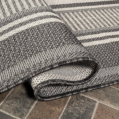 JONATHAN Y Double Stripe Indoor Outdoor Runner Rug 2X8 Black/Cream, Haynes Modern for Backyard, Patio, Porch, Easy-Cleaning, High Traffic, Pet-Friendly, Non-Shedding (SMB202B-28)