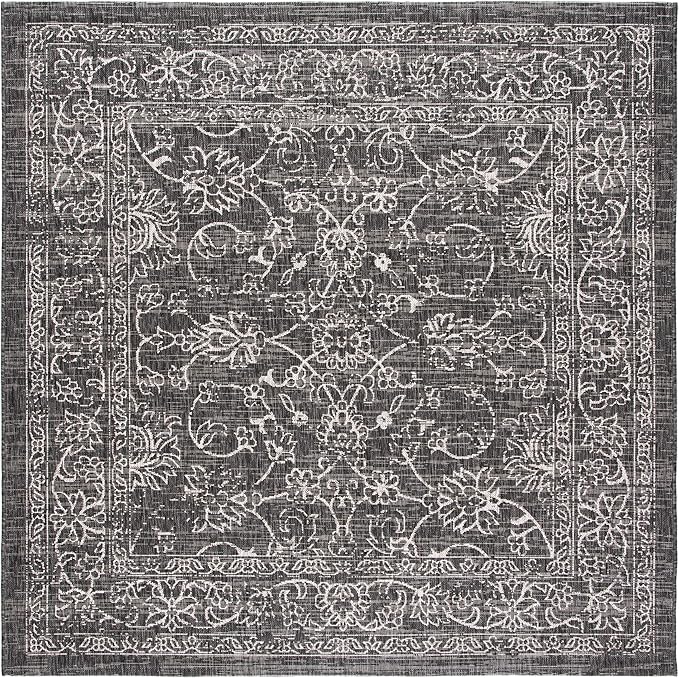 SAFAVIEH Washable Rug Outdoor Courtyard Collection - 5'3" Square, Black & Ivory, Non-Shedding & Easy Cleaning, Ideal for Patio, Backyard, Mudroom (CY8680-36621)