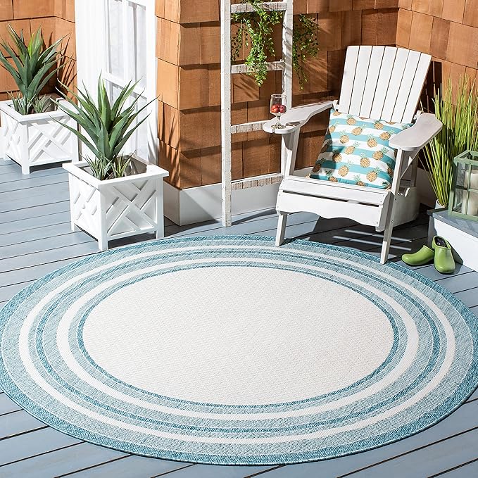SAFAVIEH Washable Rug Outdoor Courtyard Collection - 6'7" Round, Ivory & Aqua Blue, Non-Shedding & Easy Cleaning, Ideal for Patio, Backyard, Mudroom (CY8475-53612)