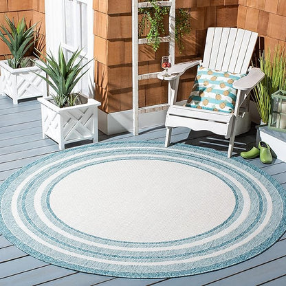 SAFAVIEH Washable Rug Outdoor Courtyard Collection - 6'7" Round, Ivory & Aqua Blue, Non-Shedding & Easy Cleaning, Ideal for Patio, Backyard, Mudroom (CY8475-53612)