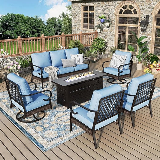 Patio Furniture Set with Firepit Table, Black Frame Outdoor Conversation Set with 2 x Fixed Chairs, 2 x Swivel Chairs, 1 x 3-Seat Sofa for Lawn Garden Backyard, Blue