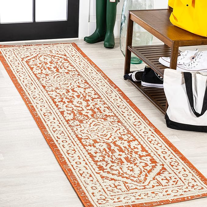 JONATHAN Y Medallion Weave Indoor Outdoor Runner Rug 2X10 Orange/Cream, Sinjuri Textured for Backyard, Patio, Porch, Easy-Cleaning, High Traffic, Pet-Friendly, Non-Shedding (SMB101F-210)