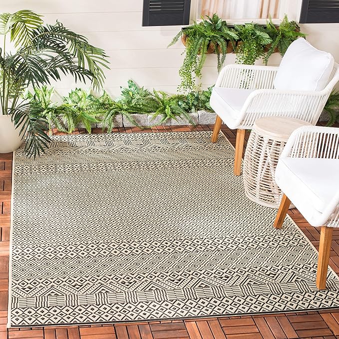 SAFAVIEH Washable Rug Outdoor Courtyard Collection - 6'7" Square, Beige & Black, Non-Shedding & Easy Cleaning, Ideal for Patio, Backyard, Mudroom (CY6235-25612)