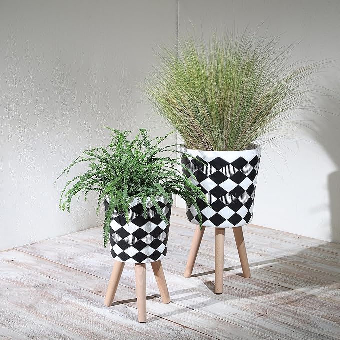 Sagebrook Home Set of 2 Geometric Planters on Stands - Resin & Wood Mid-Century Modern Plant Pots for Indoor/Outdoor Home & Garden Decor - 12" & 10", Black & White G