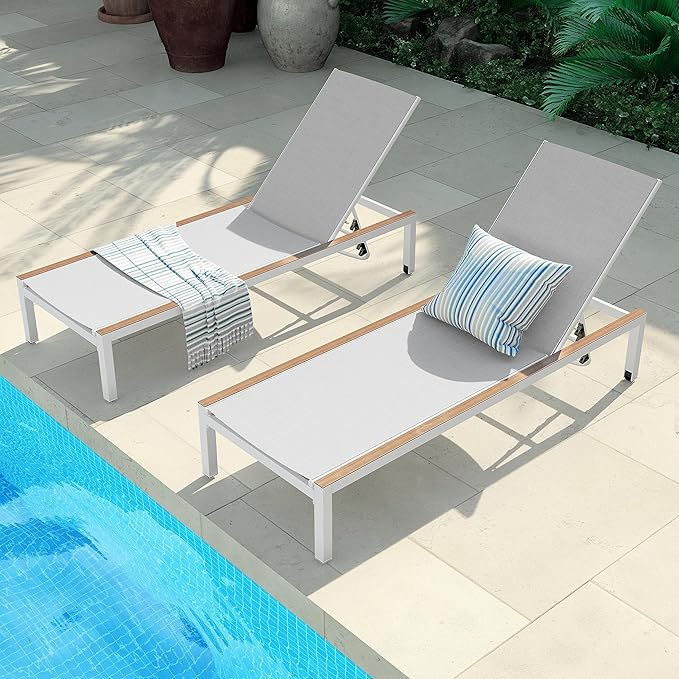 Grand patio Outdoor Chaise Lounge Set of 2 Mesh Sling Lounge Chairs with Woodgrain Texture, Portable Wheels & 4 Adjustable Reclining Backrest Positions for Poolside Beach White 2PCS