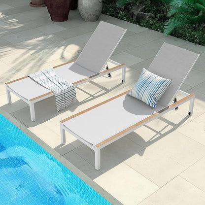 Grand patio Outdoor Chaise Lounge Set of 2 Mesh Sling Lounge Chairs with Woodgrain Texture, Portable Wheels & 4 Adjustable Reclining Backrest Positions for Poolside Beach White 2PCS