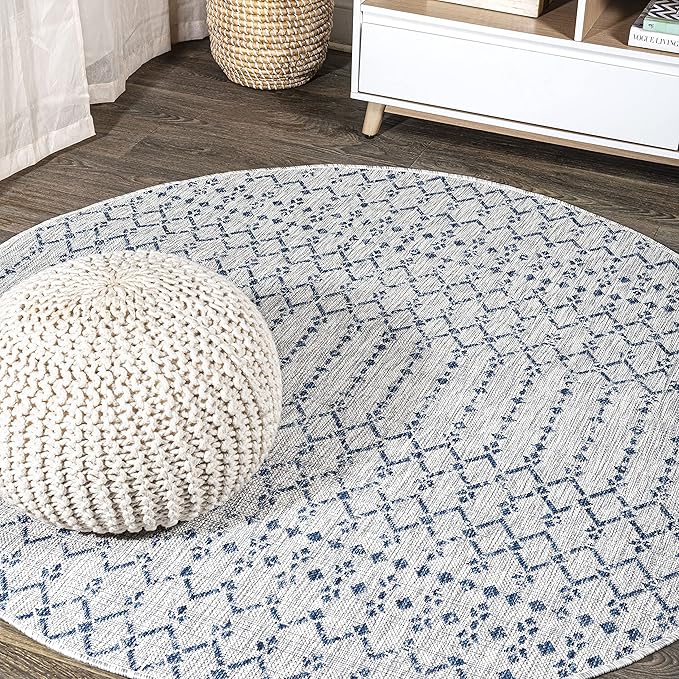 JONATHAN Y Moroccan Geometric Indoor Outdoor Round Area Rug 6 Ft Light Gray/Navy, Ourika Textured Weave for Backyard, Patio, Porch, Easy-Cleaning, High Traffic, Pet-Friendly, Non-Shedding SMB108A-6R