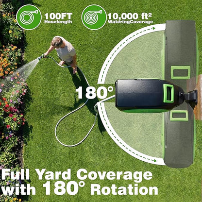 Retractable Garden Hose Reel 100FT x 1/2 in, Wall Mount Water Hose Reel for Outside with Auto Rewind, Tangle-Free Guide, 180° Swivel Bracket, Lock at Any Length, High-Pressure Flow, 10-Pattern Nozzle