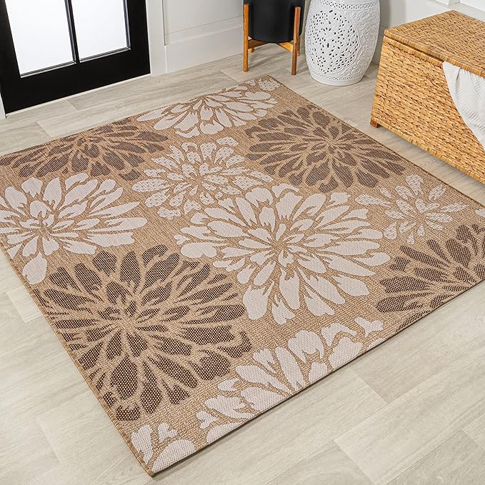 JONATHAN Y Floral Textured Weave Indoor Outdoor Square Area Rug 5X5 Brown/Cream, Zinnia Modern for Backyard, Patio, Porch, Easy-Cleaning, High Traffic, Pet-Friendly, Non-Shedding (SMB110I-5SQ)