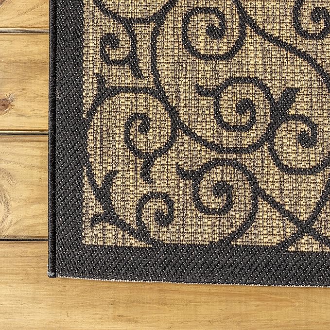 JONATHAN Y Vintage Filigree Indoor Outdoor Area Rug 4X6 Black/Khaki, Madrid Textured Weave for Backyard, Patio, Porch, Easy-Cleaning, High Traffic, Pet-Friendly, Non-Shedding (SMB107A-4)