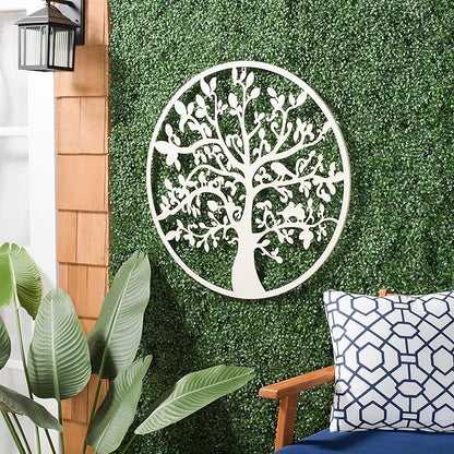 SAFAVIEH Outdoor Collection Tree of Life White 32-inch Round Iron Wall Art