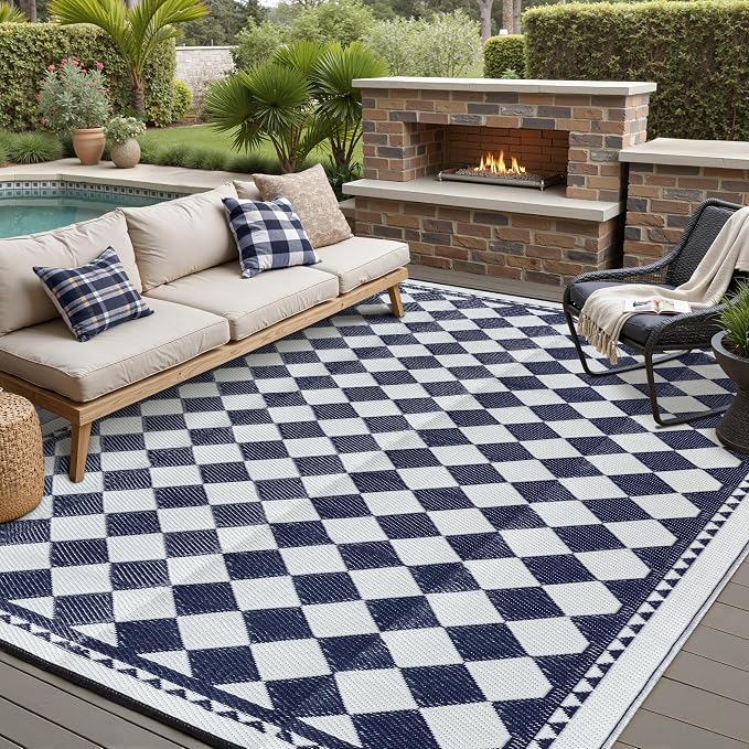 HUGEAR Outdoor Waterproof Rug 10'x14' Plastic Straw Rugs Washable Reversible Floor Mat Blue Plaid Carpet for Camping RV Deck Entryance Porch Picnic Balcony Beach Backyard