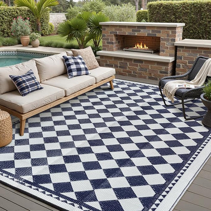 HUGEAR Outdoor Waterproof Rug 10'x14' Plastic Straw Rugs Washable Reversible Floor Mat Blue Plaid Carpet for Camping RV Deck Entryance Porch Picnic Balcony Beach Backyard