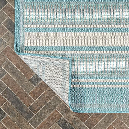 JONATHAN Y Double Stripe Indoor Outdoor Runner Rug 2X8 Aqua/Beige, Haynes Modern for Backyard, Patio, Porch, Easy-Cleaning, High Traffic, Pet-Friendly, Non-Shedding (SMB202A-28)