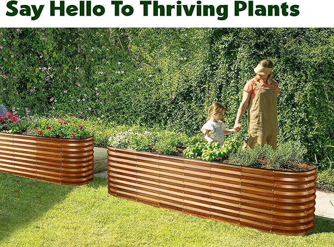 Plant & Plot Galvanized Raised Garden Beds Outdoor // 8×2×2 ft Planter Raised Beds for Gardening, Vegetables, Flowers (Dark Wood Grain) // Large Metal Garden Box // Patented Tool-Free Design