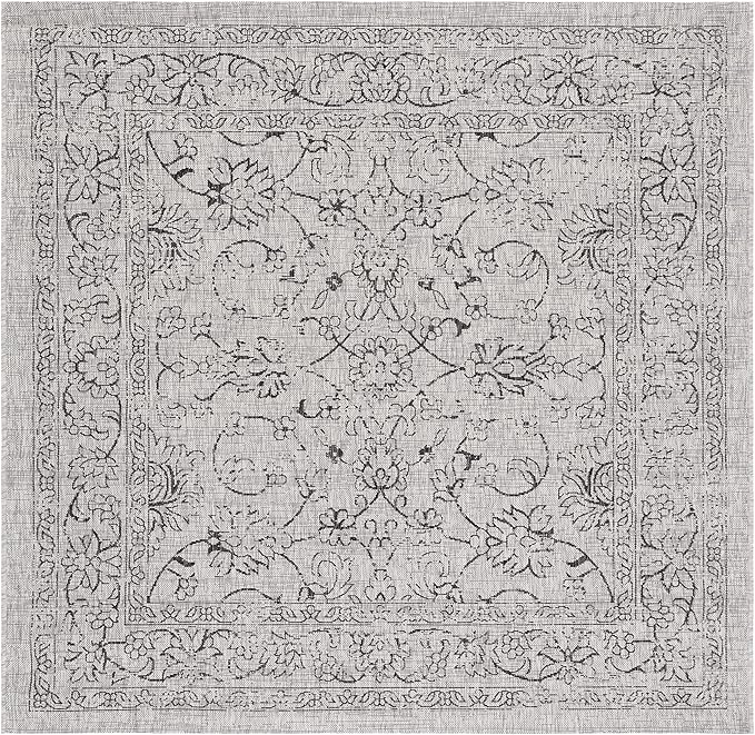 SAFAVIEH Washable Rug Outdoor Courtyard Collection - 6'7" Square, Grey & Black, Non-Shedding & Easy Cleaning, Ideal for Patio, Backyard, Mudroom (CY8680-37612)