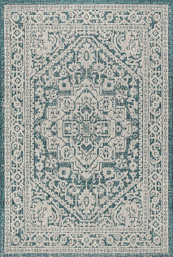 JONATHAN Y Medallion Weave Indoor Outdoor Area Rug 9X12 Teal Blue/Gray, Sinjuri Textured for Backyard, Patio, Porch, Easy-Cleaning, High Traffic, Pet-Friendly, Non-Shedding (SMB101C-9)