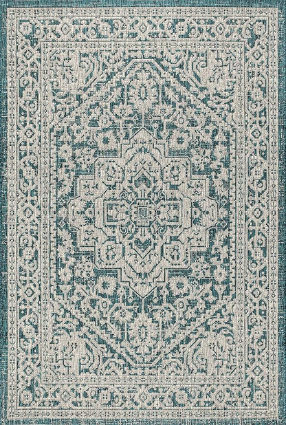 JONATHAN Y Medallion Weave Indoor Outdoor Area Rug 9X12 Teal Blue/Gray, Sinjuri Textured for Backyard, Patio, Porch, Easy-Cleaning, High Traffic, Pet-Friendly, Non-Shedding (SMB101C-9)