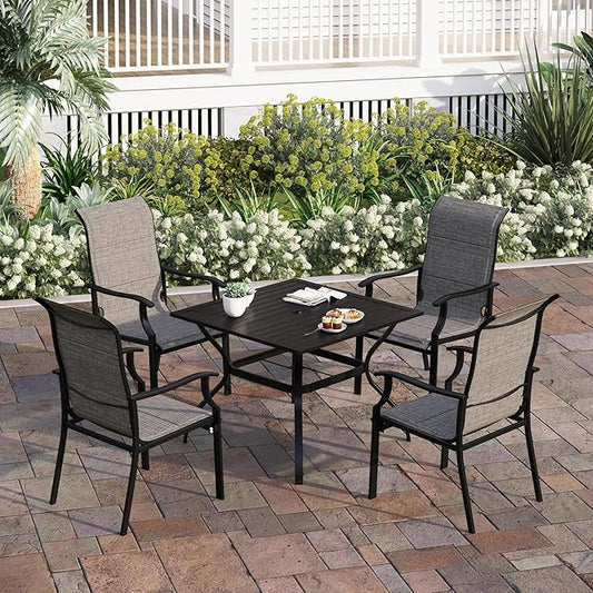 5 Pieces Patio Table and Chairs Set, 4 People Patio Dining Furniture Set, 4 Textilene Standard Chairs and 37" Square Table with Umbrella Hole, for Deck Garden Backyard