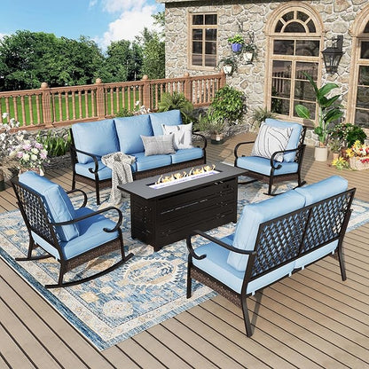 Patio Furniture Set with Firepit Table, Black Frame Outdoor Conversation Set with 2 x Rocking Chairs, 1 x 2-Seat Sofa, 1 x 3-Seat Sofa for Lawn Garden Backyard, Blue
