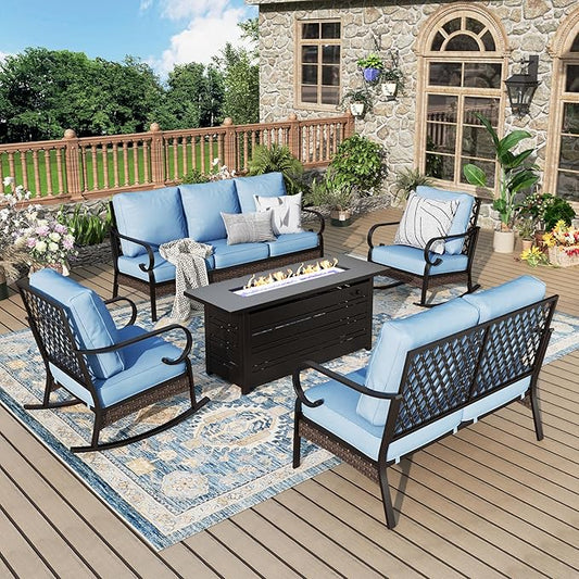 Patio Furniture Set with Firepit Table, Black Frame Outdoor Conversation Set with 2 x Rocking Chairs, 1 x 2-Seat Sofa, 1 x 3-Seat Sofa for Lawn Garden Backyard, Blue