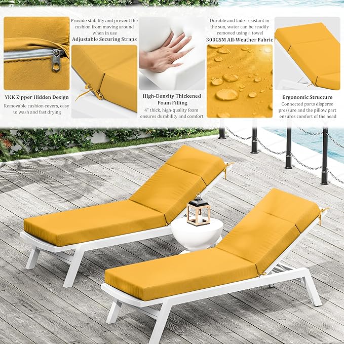 Chaise Lounge Cushion for Outdoor Furniture, Waterproof Fade and Tear Resistant Lounge Deck Chair Cushions for Patio Lawn Pool Resort Hotel