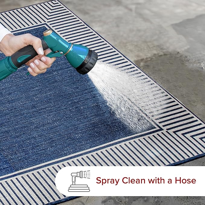 nuLOOM 8' Square Outdoor Area Rug, Casual Design with Striped Border, Stain Resistant, Highly Durable, for Patio, Balcony, Bedroom, Living Room, Dining Room, Bathroom, Navy